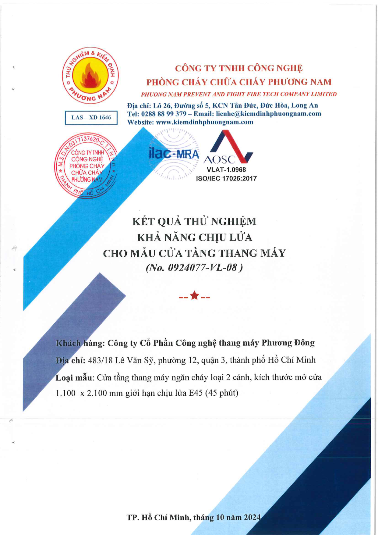Kết quả thử nghiệm chống cháy 2CO E45