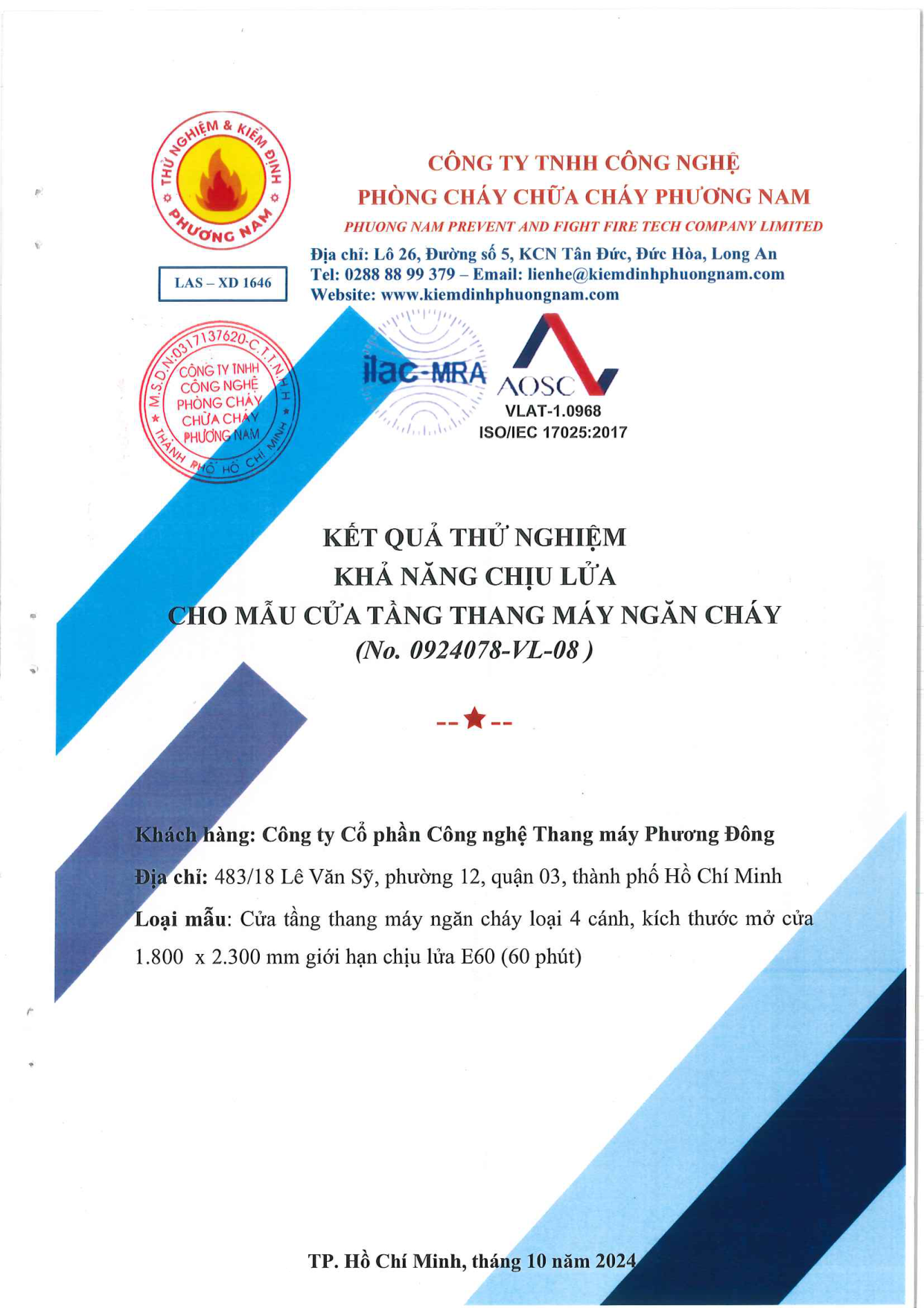 Kết quả thử nghiệm chống cháy 4CO E60