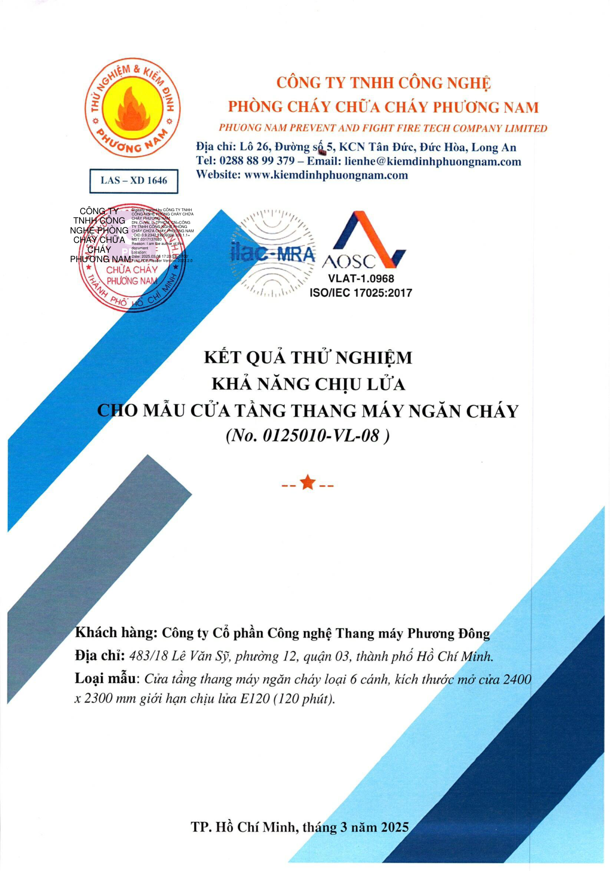 Kết quả thử nghiệm 0125010/VL — Phương Đông