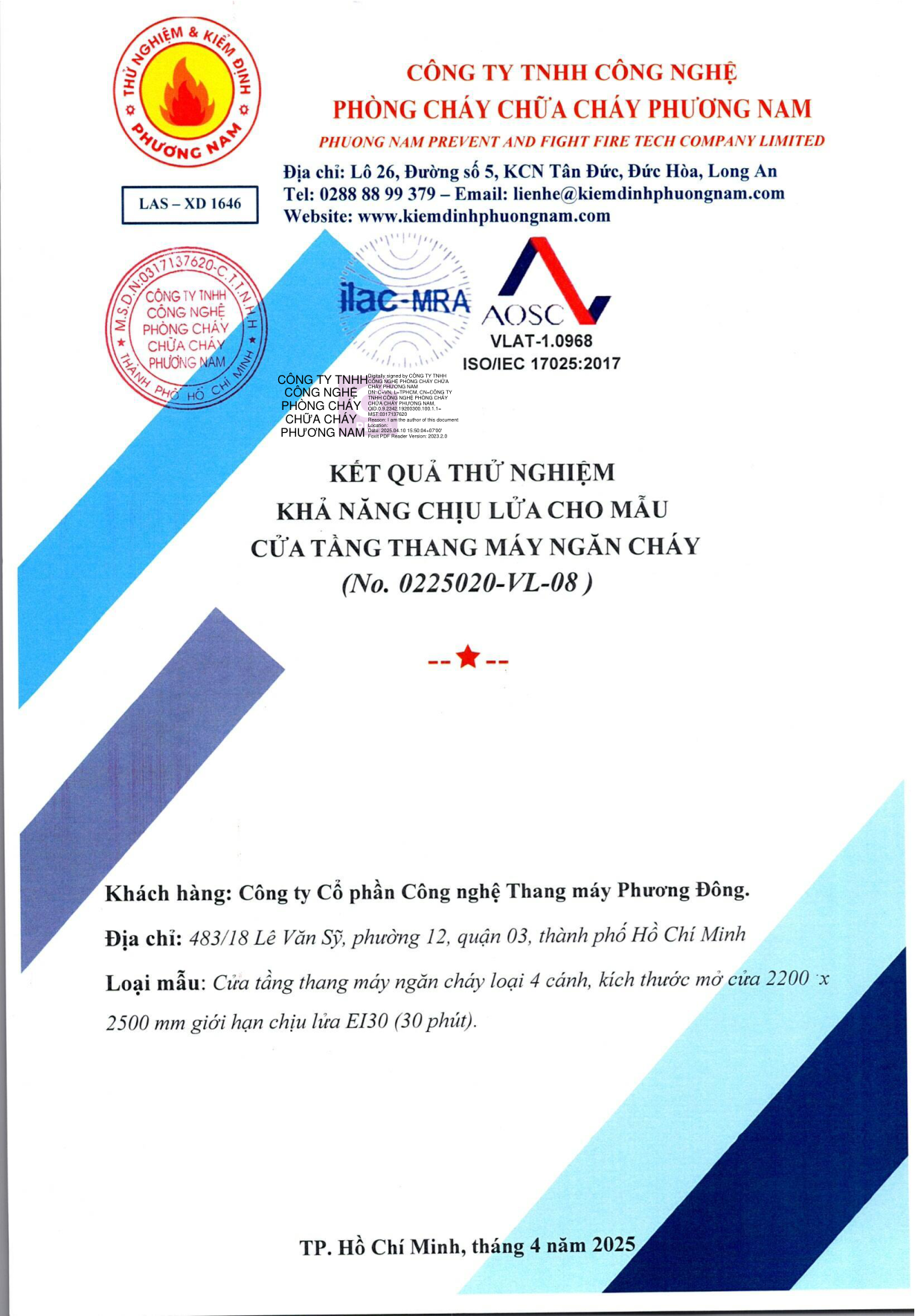 Kết quả thử nghiệm 0225020/VL08 — Phương Đông