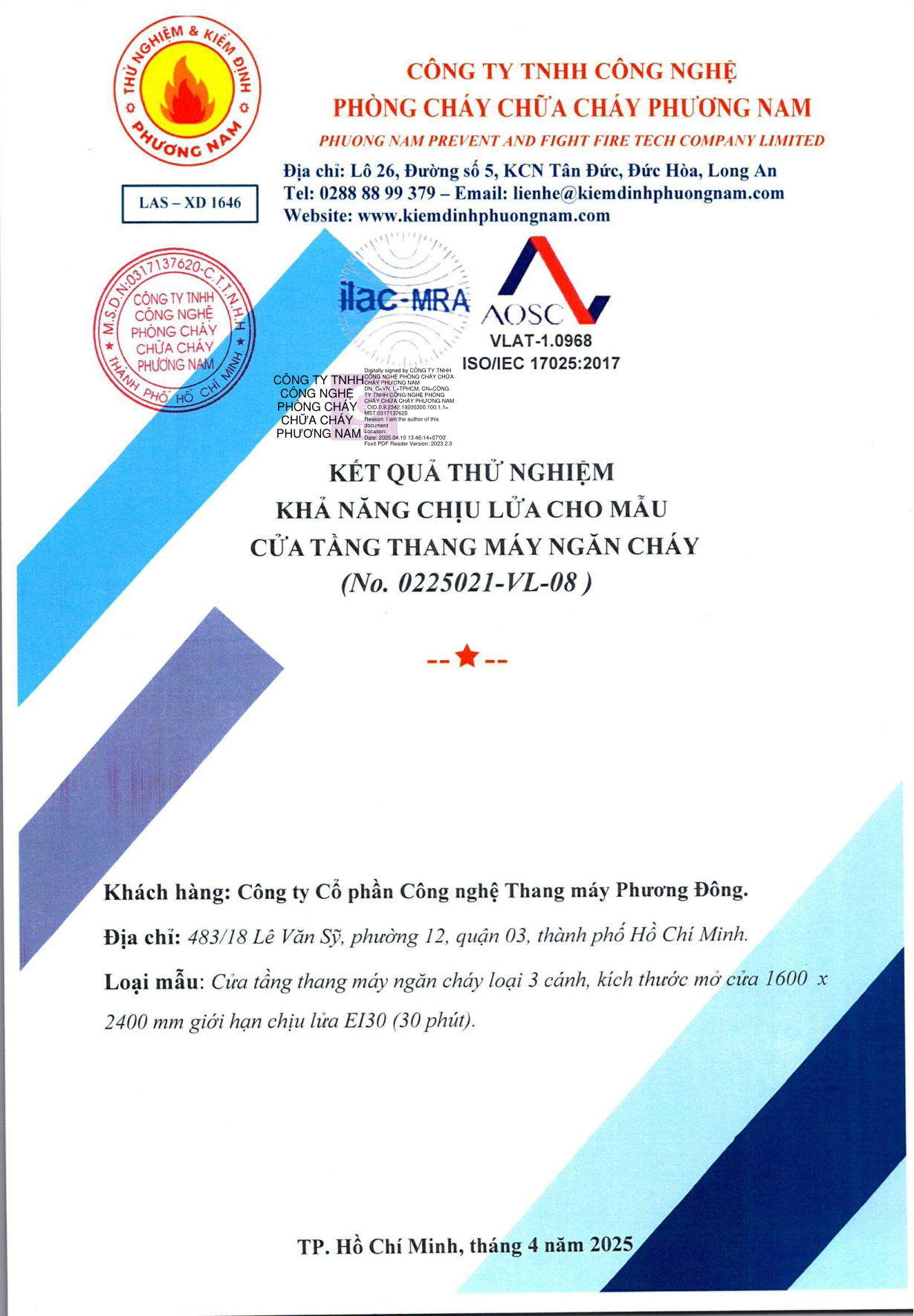 Kết quả thử nghiệm 0225021/VL08 — Phương Đông