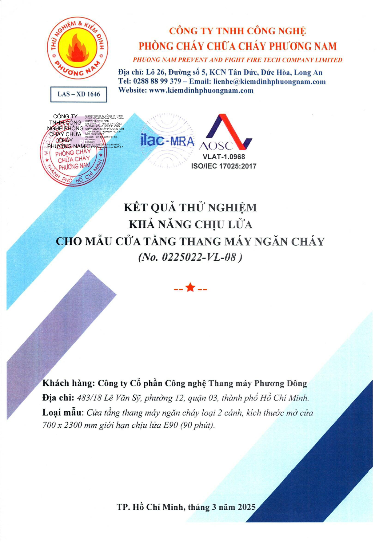 Kết quả thử nghiệm 0225022/VL — Phương Đông